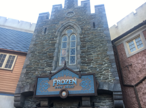 Excellent exterior: The “Frozen Ever After” ride exterior does not show the drop/backwards preview like the Maelstrom did, instead it has a somewhat plain exterior with a large “Frozen” sign. (Photo: Carrie Kuecks)