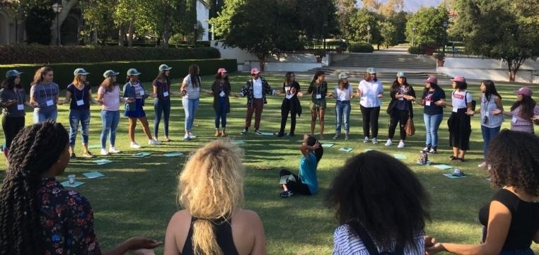 Prospective students at the Discover Scripps Fly-In Program in Claremont, Cali. play a group ice-breaking game. (Photo/Scripps College admissions)