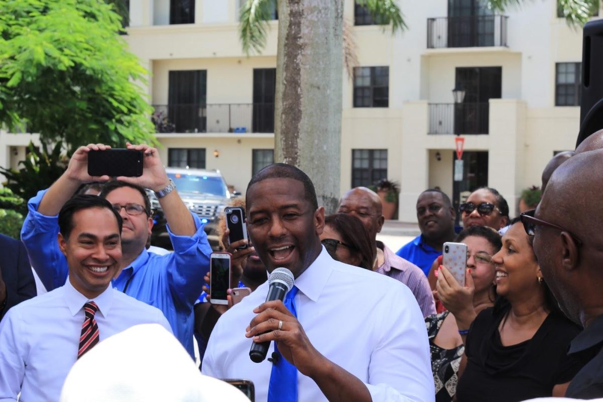 Gillum energizes the crowd during a stop on his bus tour across Florida, which he embarked on the week before the primary. The destination shown, Miramar, was one of Gillum’s final stops on his tour. (Photo/ Sofia Godoy)