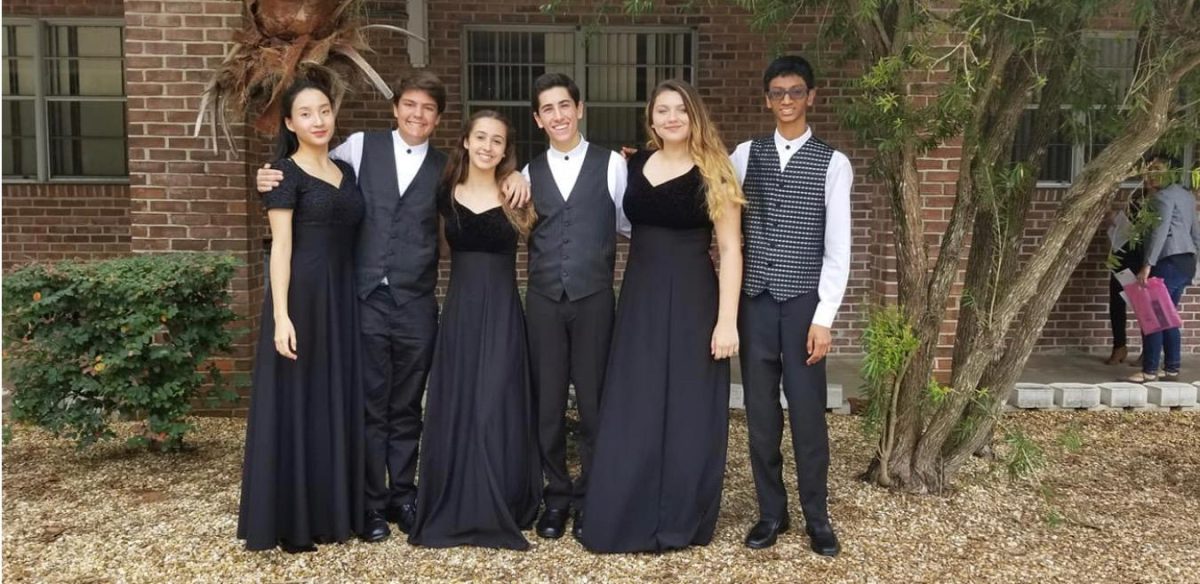 Junior Vivian Liu, sophomores Cole Holifield, Ella Noreiga and Jake Berube and juniors Sophia Gorostiza and Surya Vedula all qualified for the ACDA Honor Choir. “For me, it was an honor being selected as a member of the ACDA high school honor choir, and it was an enriching experience that motivated me to keep improving my choral abilities,” Vedula said. (Photo/AHS Center for the Arts)