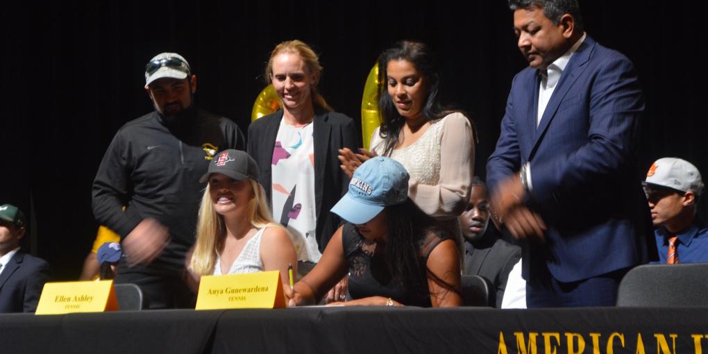 Class of 2018 Heritage alumni Anya Gunewardara and Ellen Ashley sign contracts with their respective universities. Both girls are varsity tennis players. (Photo/Katherine Quesada)