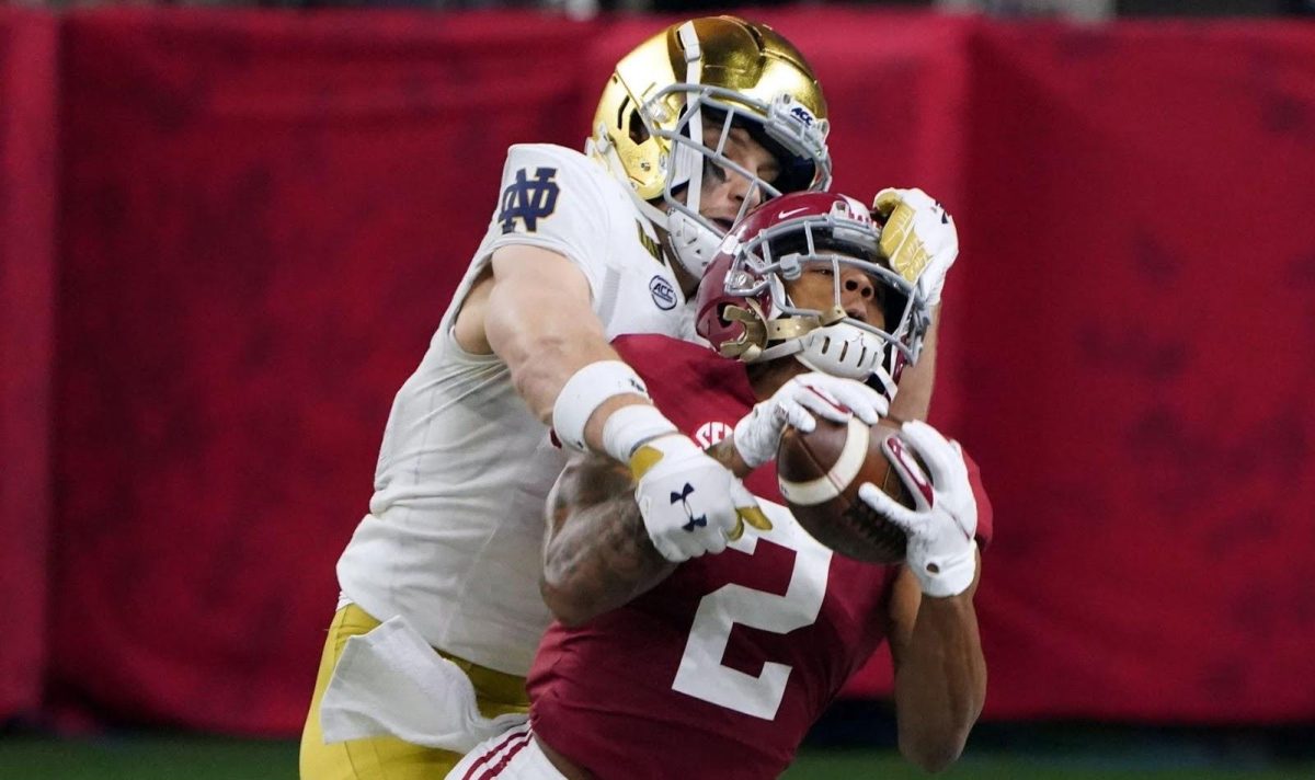 Jan 1, 2021; Arlington, Texas, USA; Alabama Crimson Tide defensive back Patrick Surtain II (2) breaks up a pass intended for Notre Dame Fighting Irish wide receiver Ben Skowronek (11) in the fourth quarter during the Rose Bowl at AT&amp;T Stadium. Mandatory Credit: Kirby Lee-USA TODAY Sports