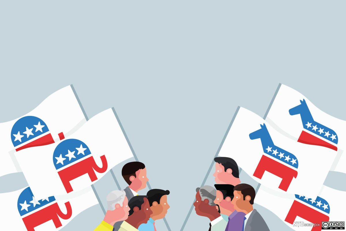 Republican and Democrat campaigners carrying flags with donkey and elephant symbols